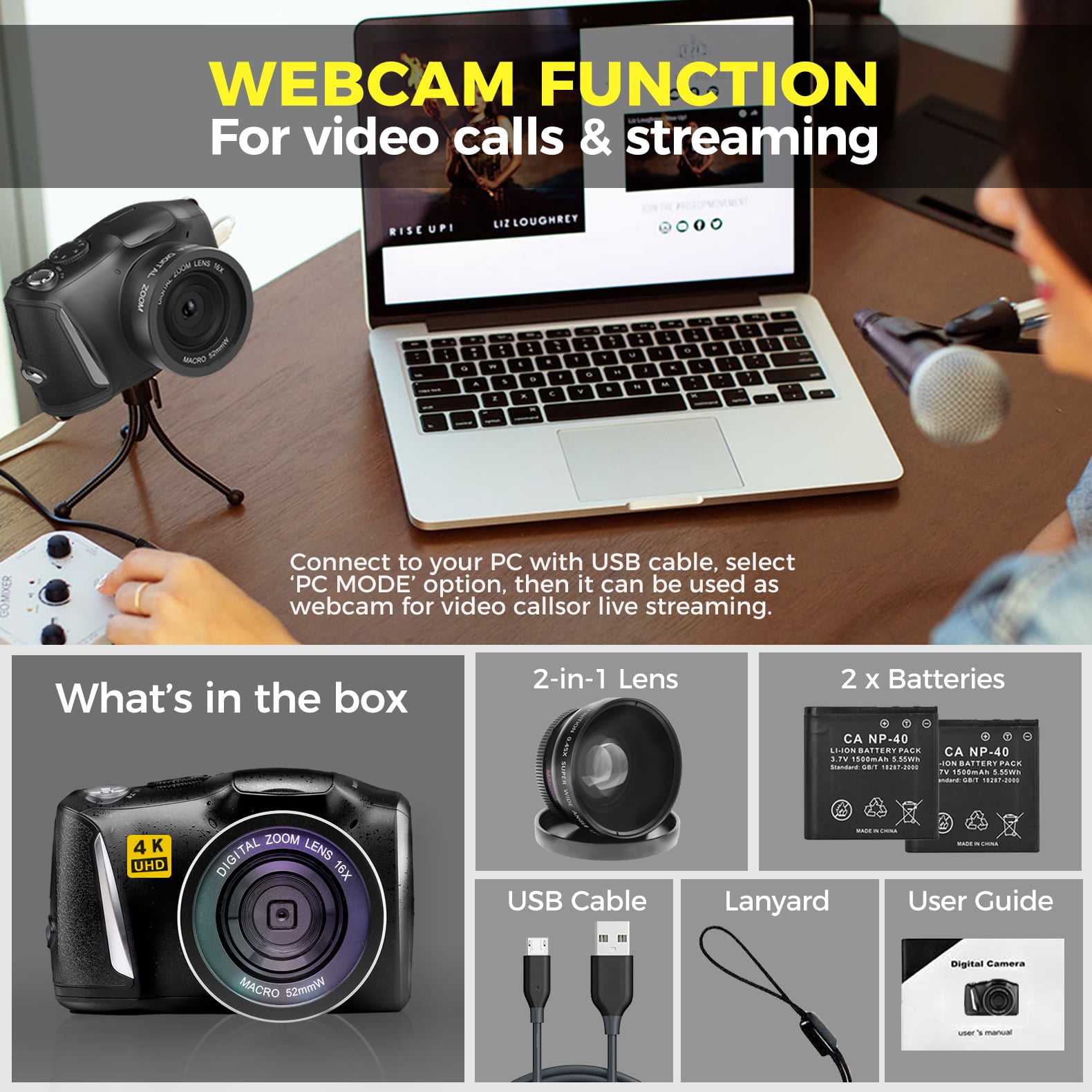 Digital Camera with Macro & Wide Angle Lens 48MP 4K Autofocus Vlogging Camera for Photography 3.0 Inch Screen Compact Camera for Beginners Teens with Rechargeable Battery