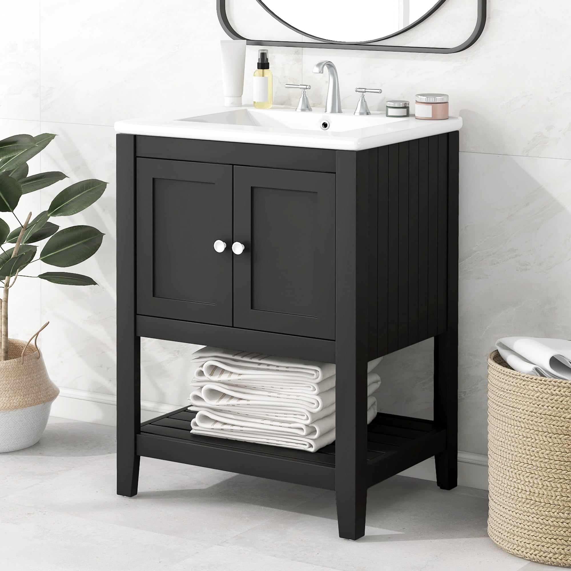 PORKISS 24" Bathroom Vanity with Ceramic Sink, Wood Bathroom Cabinet Vanity with Doors and Open Shelf, Freestanding Bathroom Storage Cabinet with Solid Wood Frame, Black