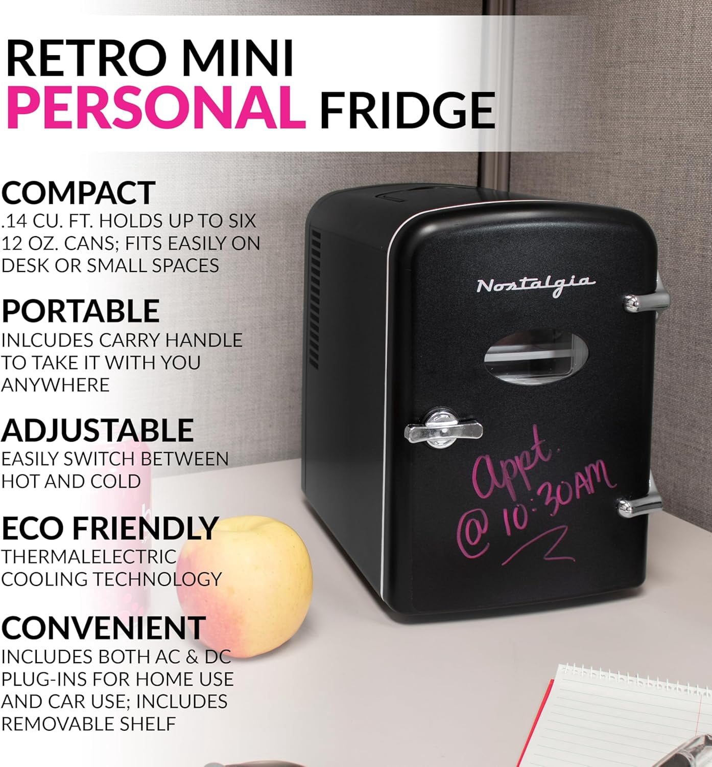 Retro 6-Can Personal Cooling and Heating  Fridge with Dry Erase Door, Carry Handle, and Display Window - Black