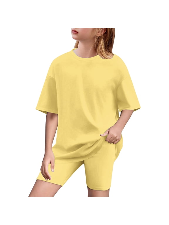 Toddler Girls Top and Yoga Shorts Activewear Set, Short Sleeve, Solid Color, Loose, Soft, Kids Sports Set for Practice, Play and Casual Activity, Matching Sports Set for Everyday