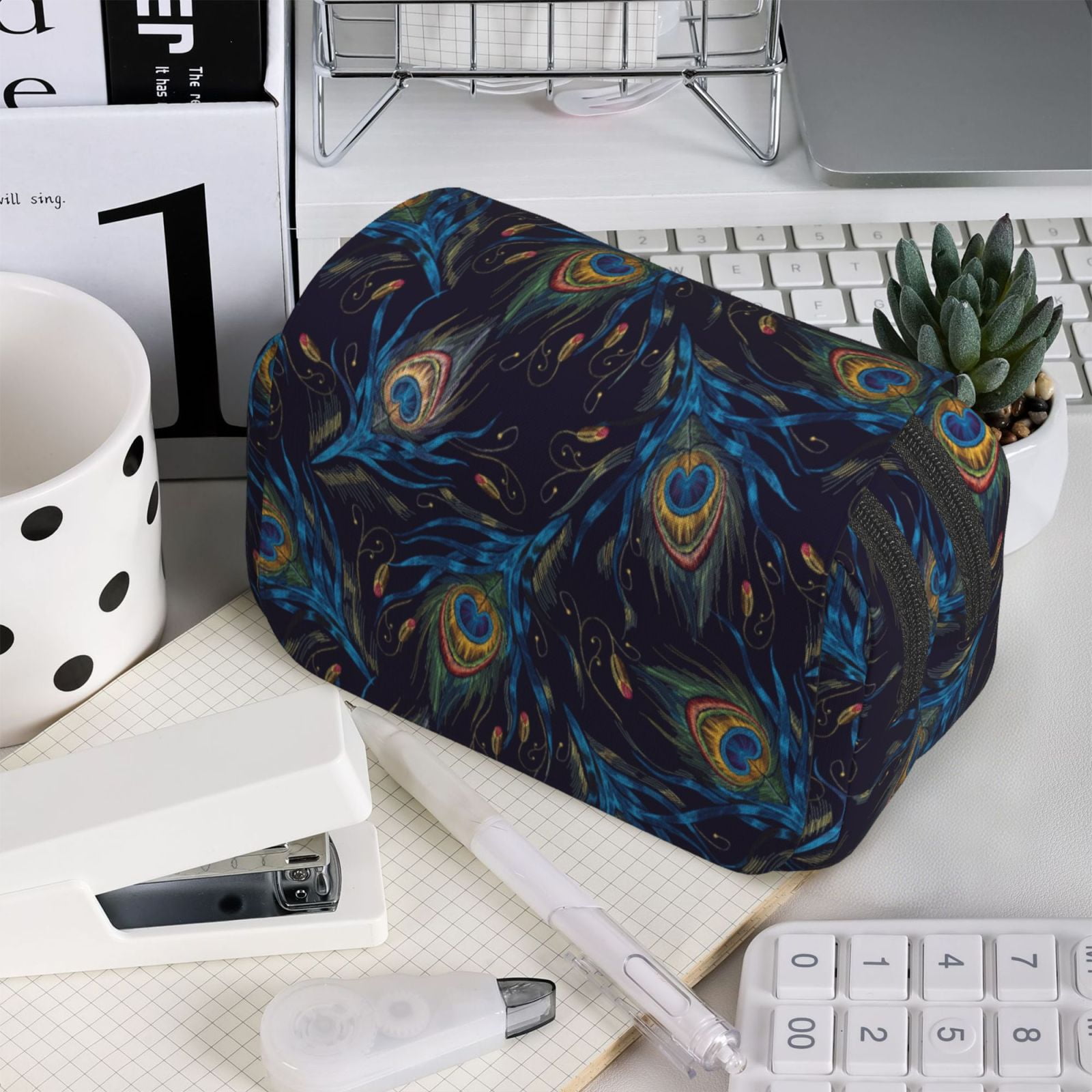 Rateoe Peacock Feathers Pattern Double Clamshell Pen Case, Storage Organizer with Two Zipper Compartments– Holds Up to 50 Pencils & Pens