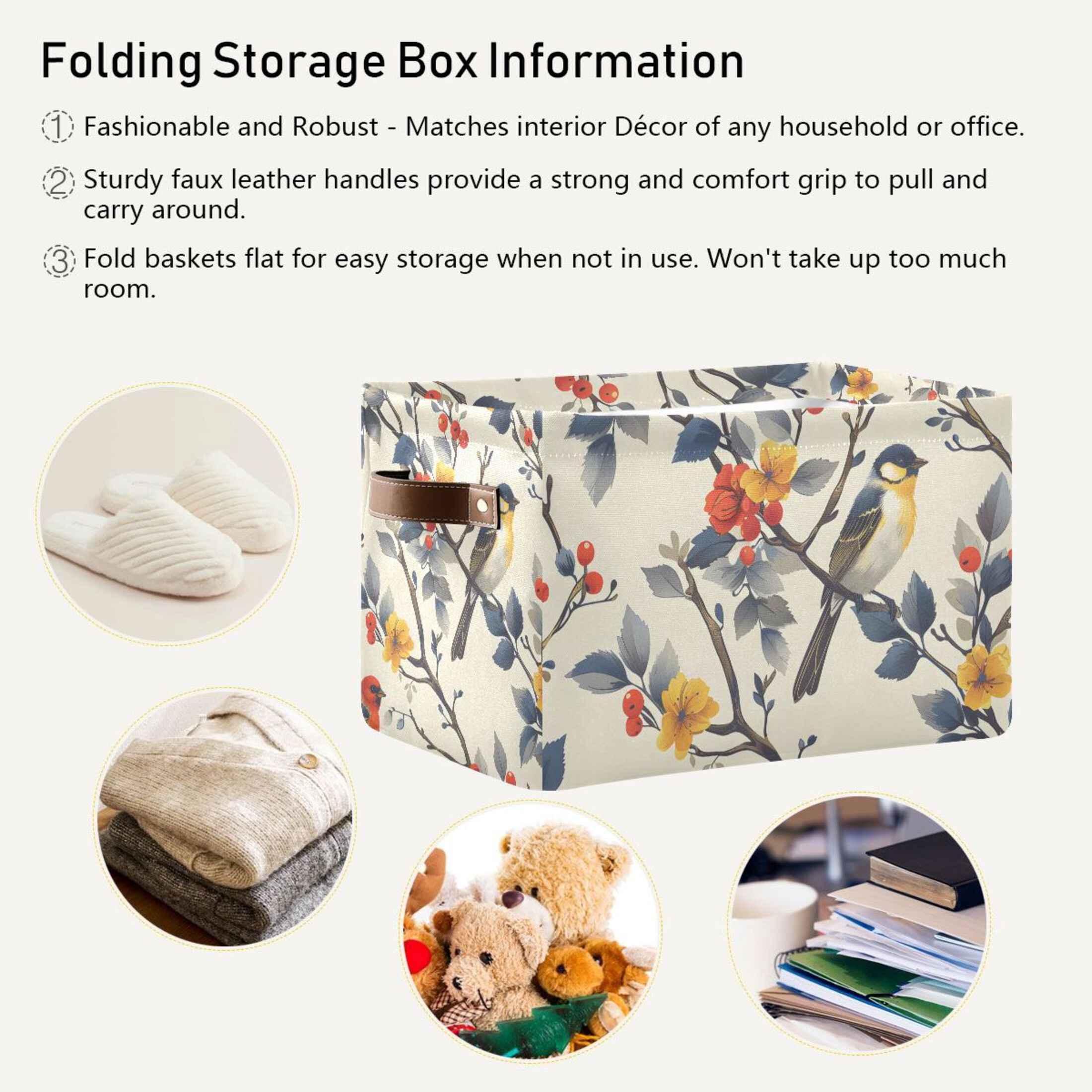 Ryvnso Birds on Tree Pattern Storage Basket Large Bin Foldable Boxes Toys Organizer 14.2x10.2x8.3in 2 PCs