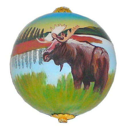 Moose by Lake Reverse Painted Glass Christmas Tree Ornament Wildlife