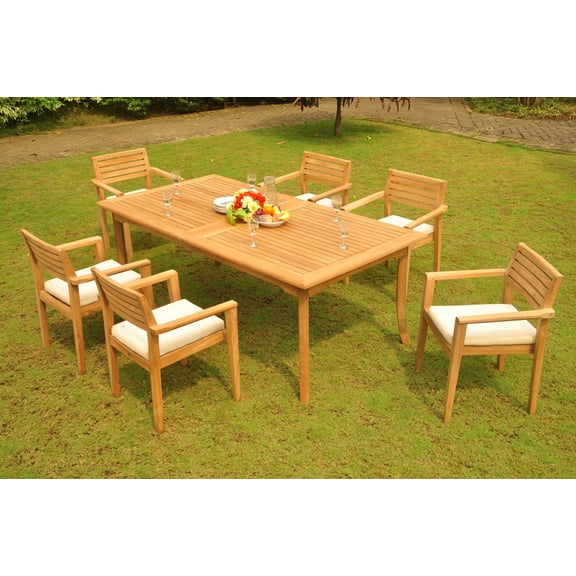 Teak Dining Set: 6 Seater 7 Pc: 117" Rectangle Table & 6 Montana Stacking Captain/Arm Chairs Outdoor Patio Grade-A Teak Wood WholesaleTeak #WMDSMTy