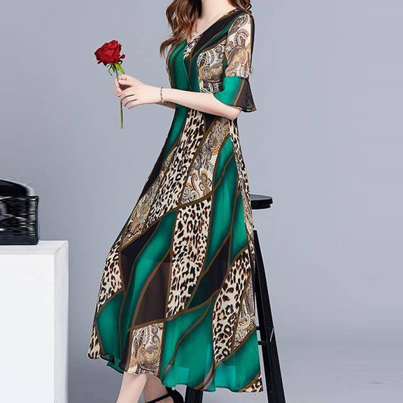 Summer and Spring Dresses for Women 2024 Casual Women Fashion Summer V-Neck Knee Length Short Sleeve Leopard Print Dress