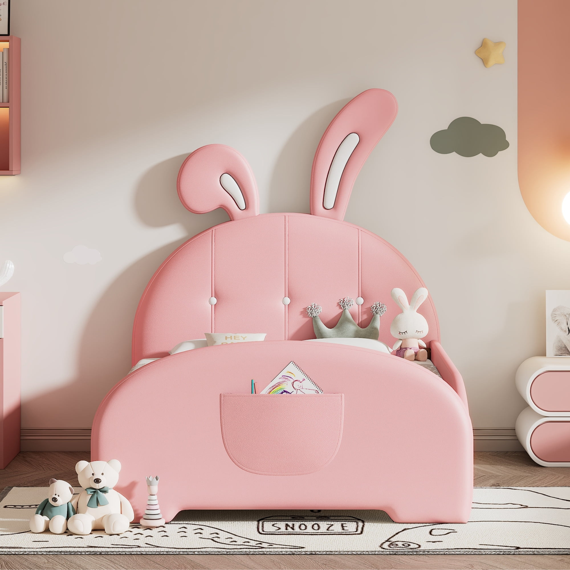 Jopath Twin size Upholstered Princess Bed, Rabbit-Shape Platform Bed with Headboard and Footboard for Toddler Kids Teens,Pink
