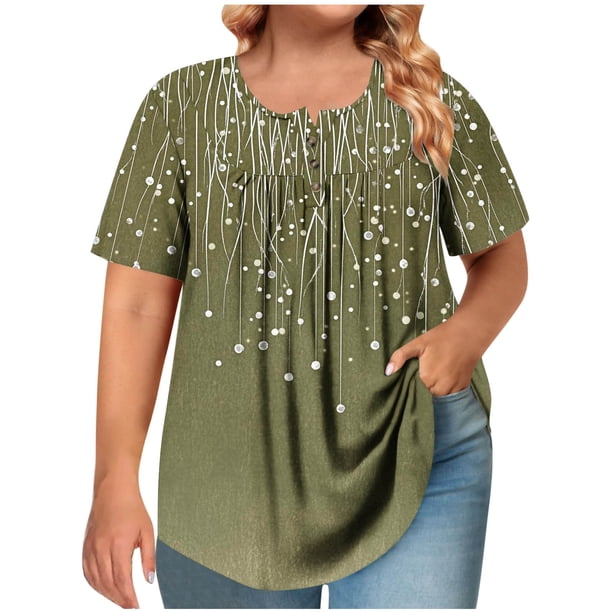 Tops de Tamaño Más de las Mujeres, Manga Corta de Tamaño Más, Cuello Redondo Botón Arriba Plisado Superior