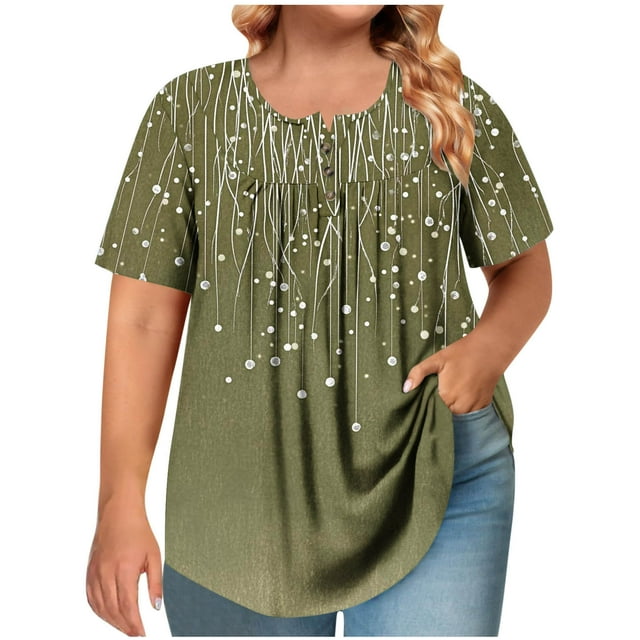 T-shirt Plissé à Manches Courtes et Col Rond pour Femmes Grande Taille avec Boutons