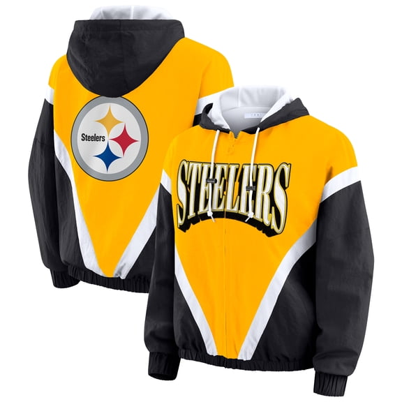 Women's WEAR by Erin Andrews Gold/Black Pittsburgh Steelers Plus Size Retro Crinkle Full-Zip Hoodie Windbreaker Jacket