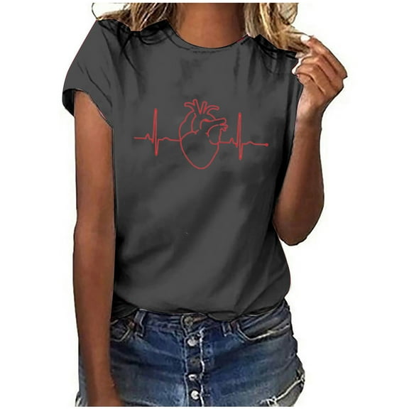 Summer Saving Wycnly Womens Shirts Crewneck Short Sleeve ECG Print Summer Cute Tops Nurse's Day Comfy Breathable Basic Cute Blouses Gray l Clearance Under $5