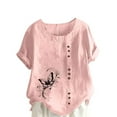 thumbnail image 2 of Lydiaunistar Women's Plus Size Spring Tops Casual Printed Short Sleeve Button-Up Blouse T-Shirt, Soft Polyester Round Neck Comfy Daily Wear Pink, 2 of 4