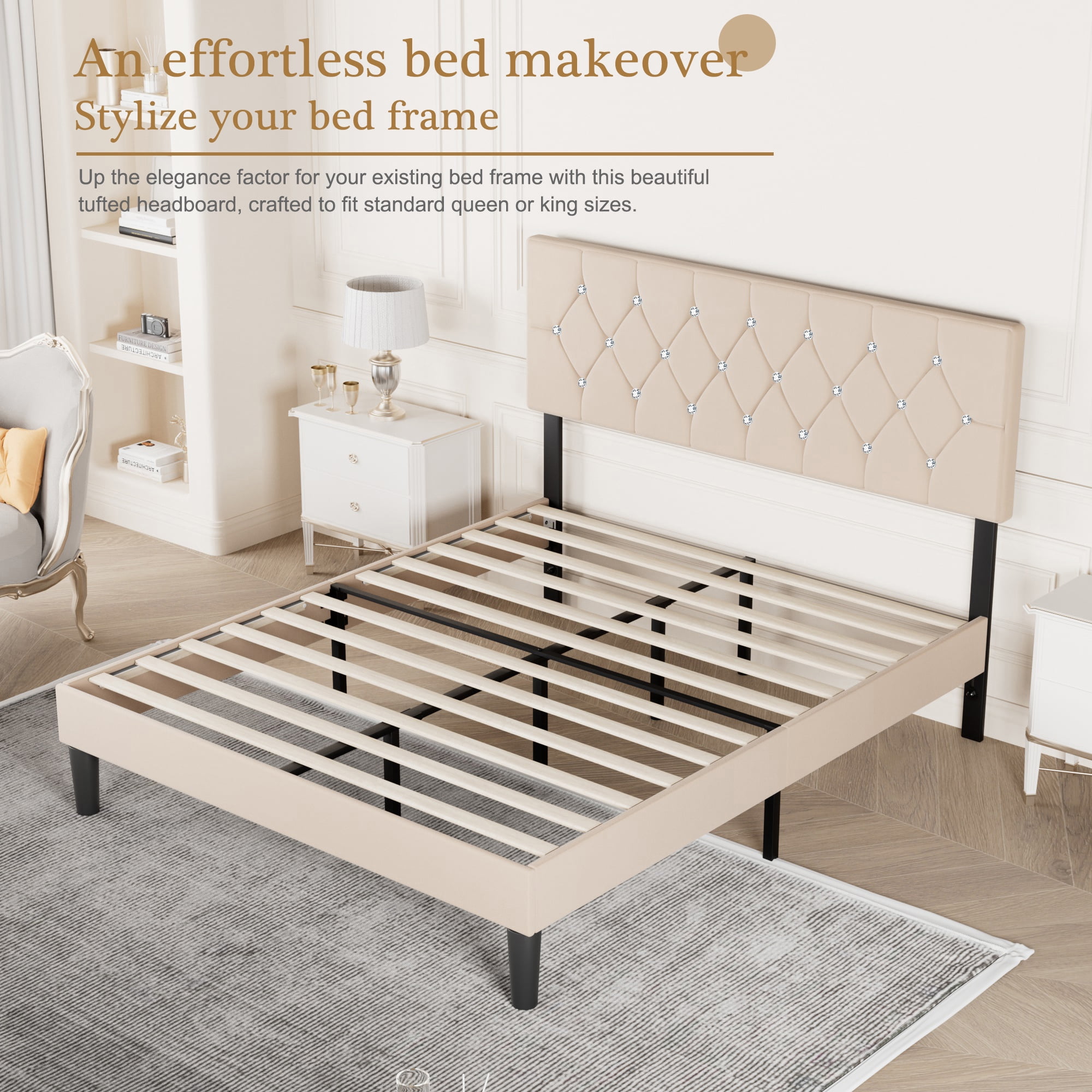 VECELO Queen Upholstered Headboard, Mid-Rise Diamond Tufted Adjustable Headboard from 39.8" to 49.8", Easy Assembly, Beige