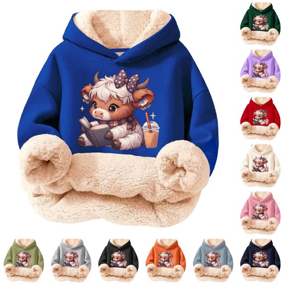 Oiyii Toddler Girl's Highland Cow Graphic Hoodie Long Sleeve Hoodies Warm Hooded Sweatshirt,Navy
