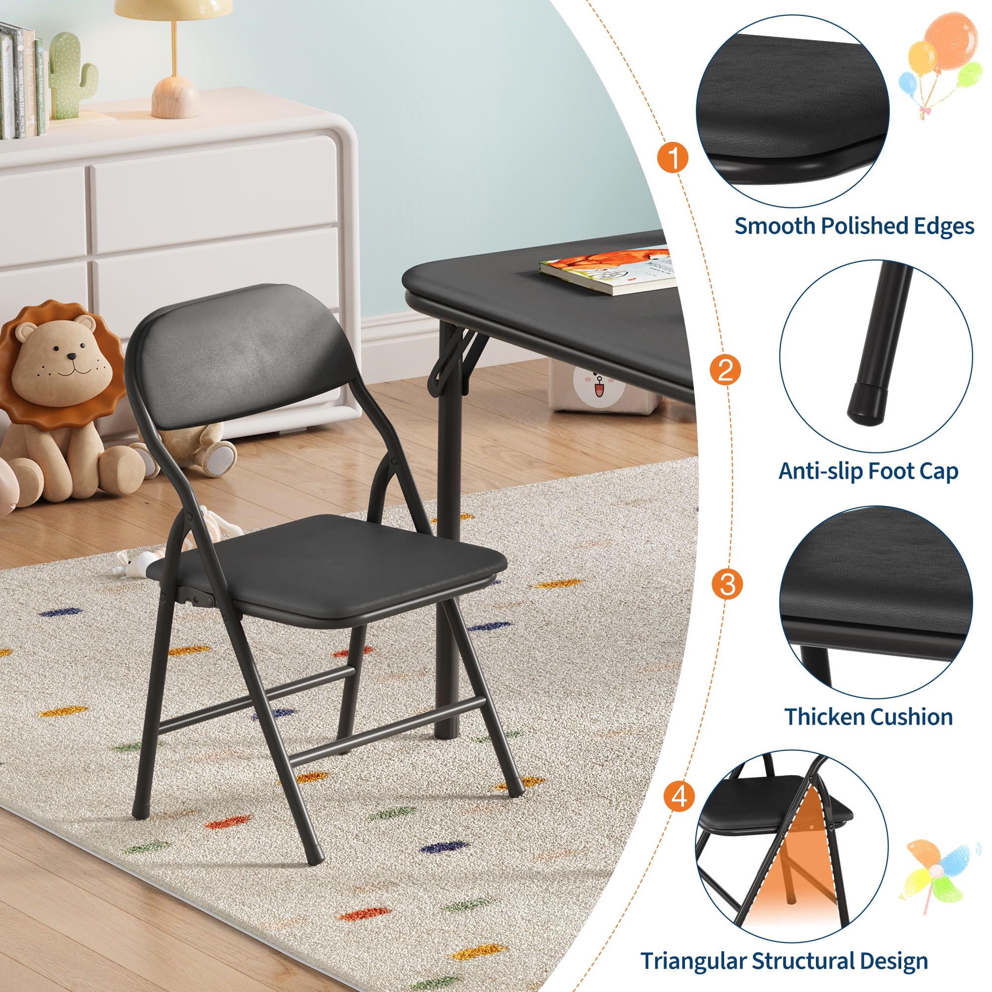 Ultra Soft PU Padded 1/5/7-Piece Kids Folding Table and Chairs Set – Durable Steel Frame, Anti-Slip Feet, No Assembly – Portable for Study, Dining, Learning Space, Play