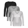 thumbnail image 4 of Essential Basic Women's Junior Size Vneck Tshirt Long Sleeves Shirt Tee, Small, 3Pk Black, HthGray, White, 4 of 5
