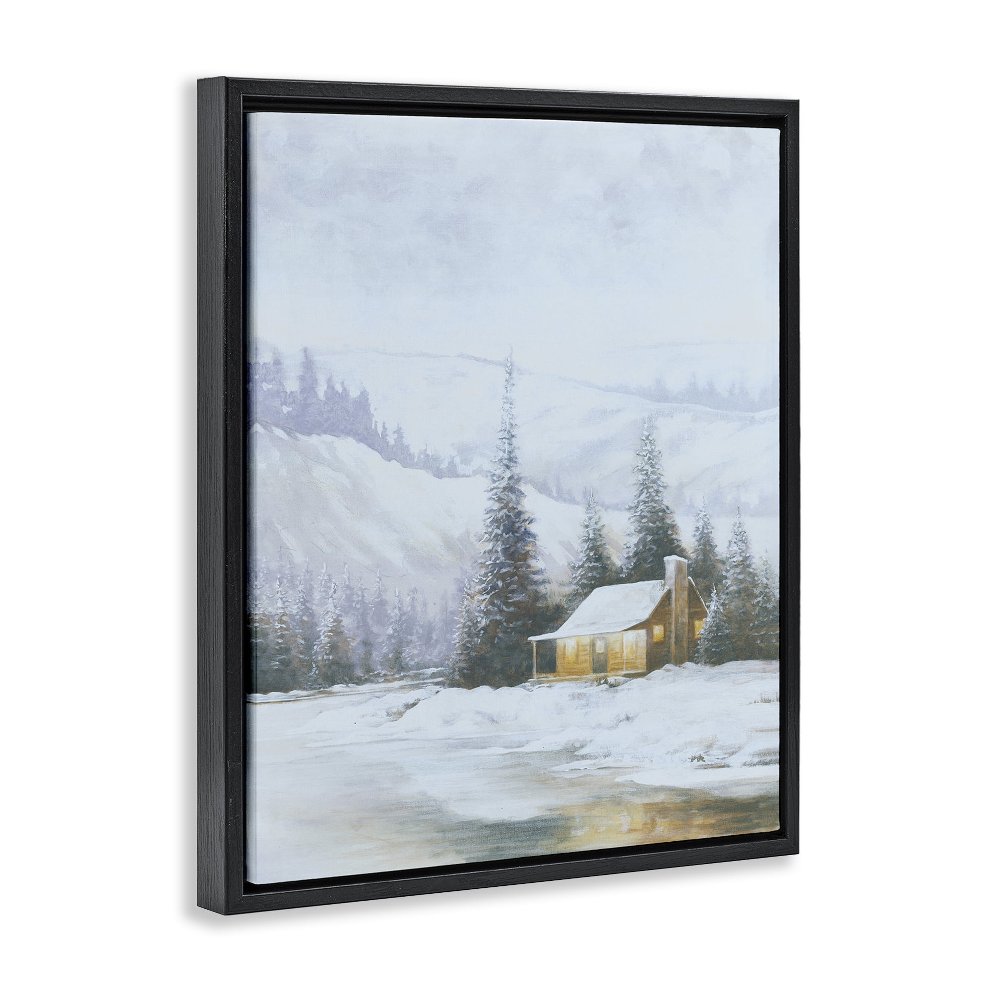Stupell Industries Snowy Woodland Cabin Landscape Painting Black Floater Framed Art Print Wall Art, 17 x 21