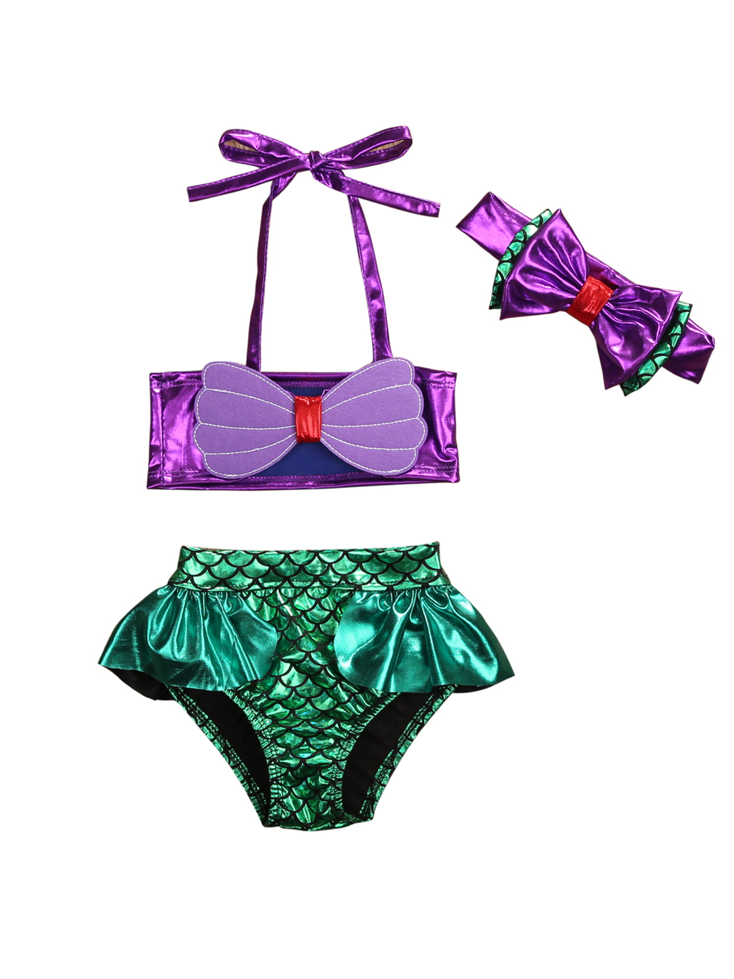 2Pcs/Set Toddler Baby Girl Mermaid Princess Halter Swimwear Bikini Bathing Suit with Headband