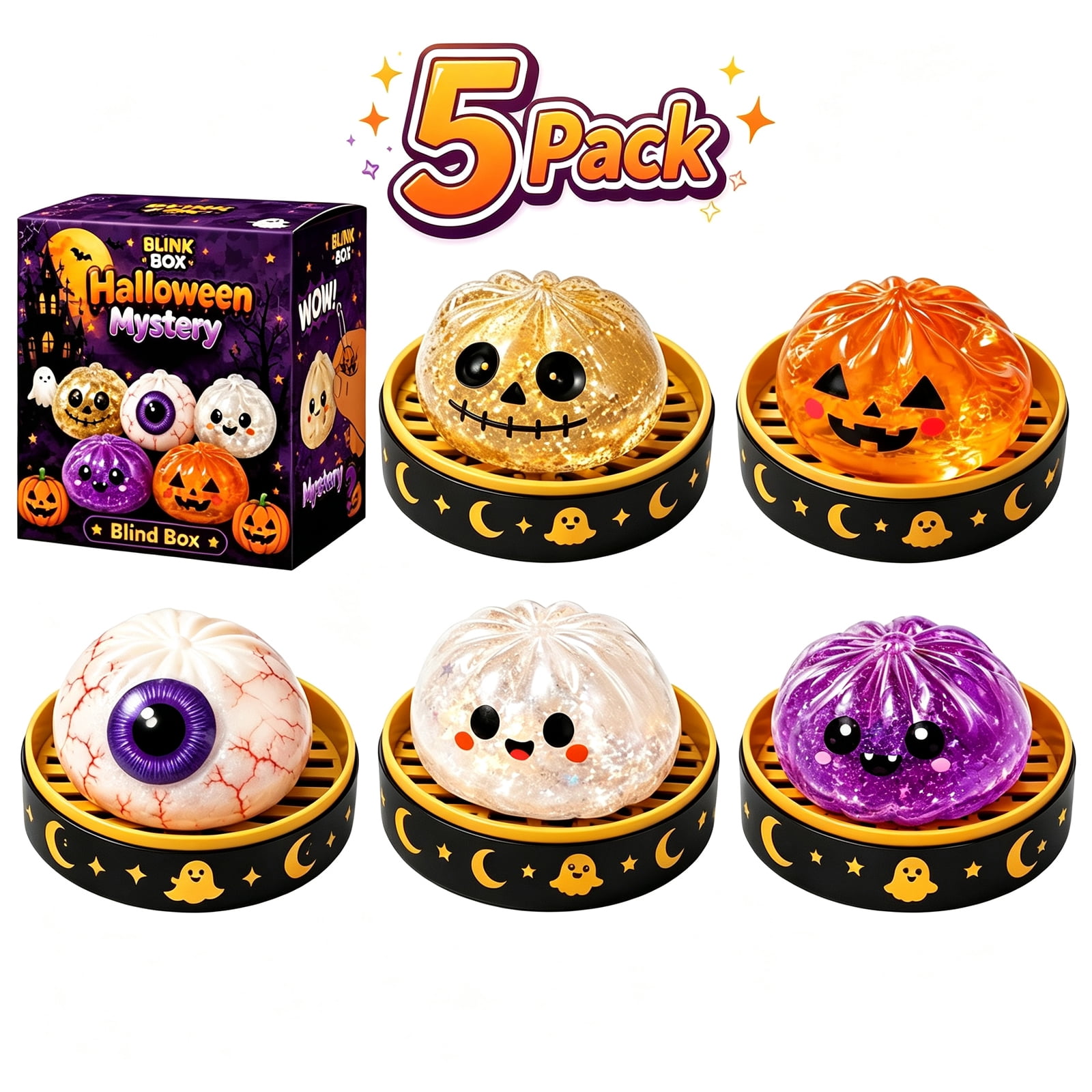 5 Pack 5 Styles Halloween Dumpling Squishy Blind Box, 2.17 Inch Glitter Stress Relief Squeeze Balls, Mystery Surprise Fidget Toy for Halloween Party Favors