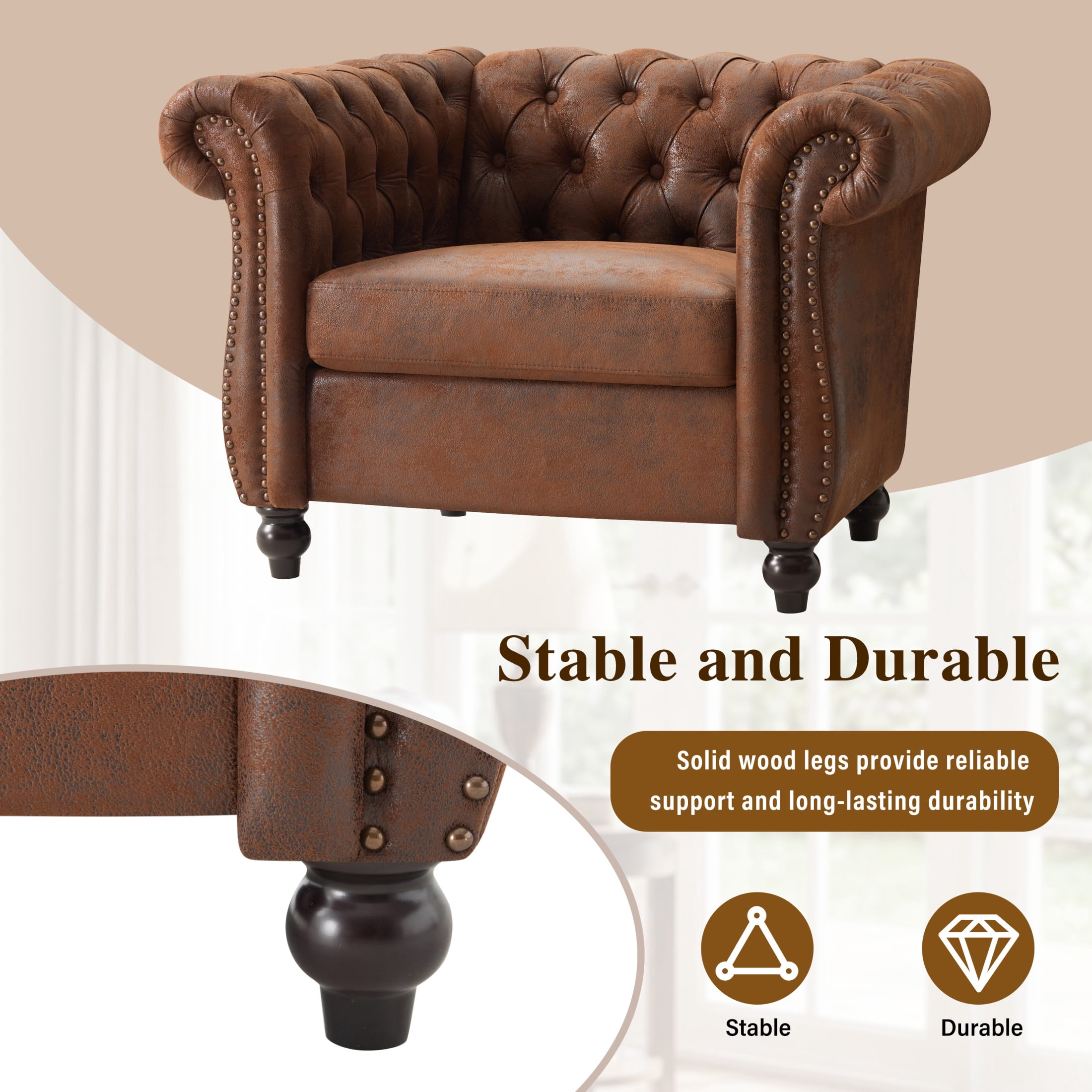 Christopher Knight Home Chesterfield Club Chair with Scrolled Arms and Solid Wood Legs, Brown