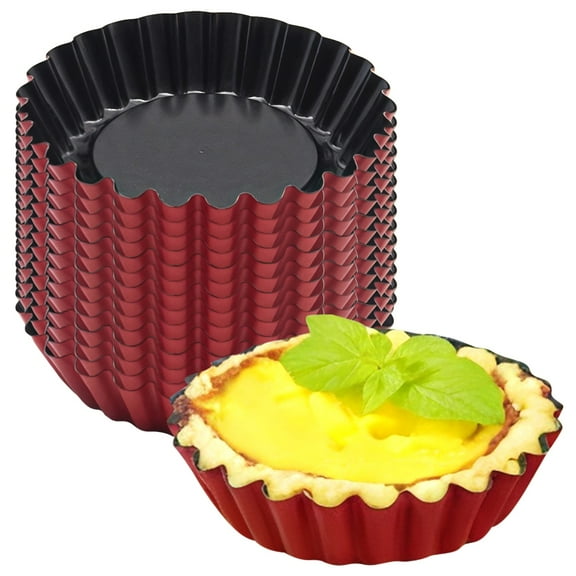 16 Pcs Mini Tart Pans for Baking, Round Carbon Steel Tart Molds, 3 Inch, Non-Stick, Removable Bottom, Ideal for Mini Pies and Tarts, Red and Black Design