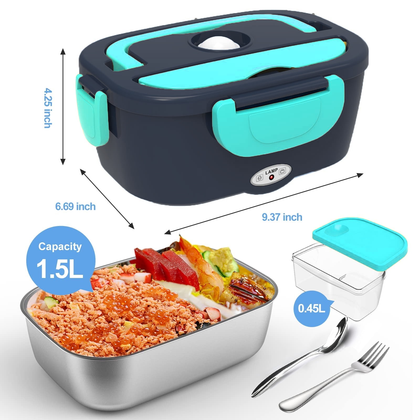 AsFrost Electric Lunch Box Food Heater 2-In-1 Portable Food Warmer Lunch Box for Car & Home Leak Proof, 2 Compartments, Removable 304 Stainless Steel Container, SS Fork & Spoon and Carry Bag