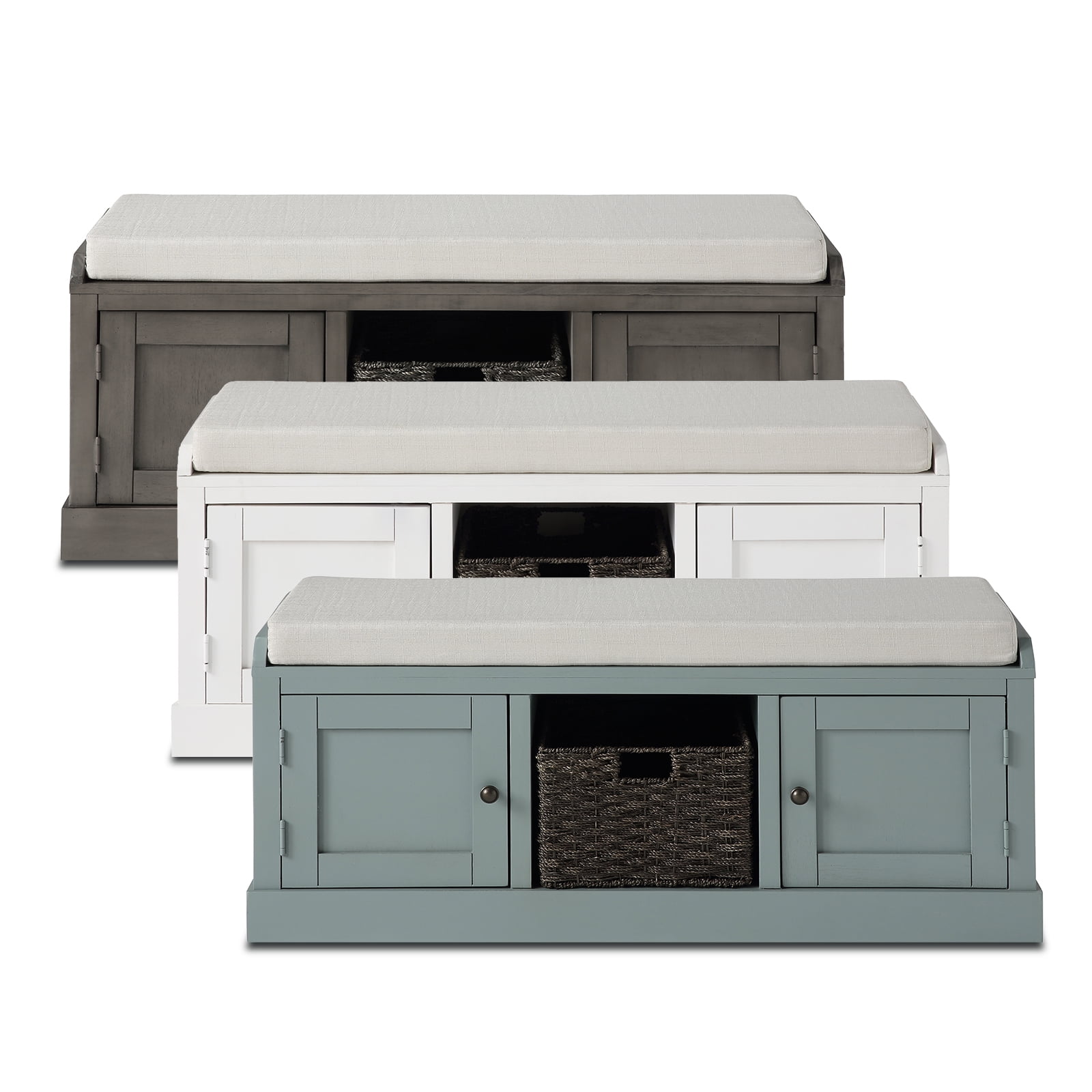 Lowestbest Bntryway Bench with Storage, Wood Storage Bench with 2 Cabinets and 1 Basket, Grey Lowestbest Bntryway Bench with Storage, Wood Storage Bench with 2 Cabinets and 1 Basket, Grey