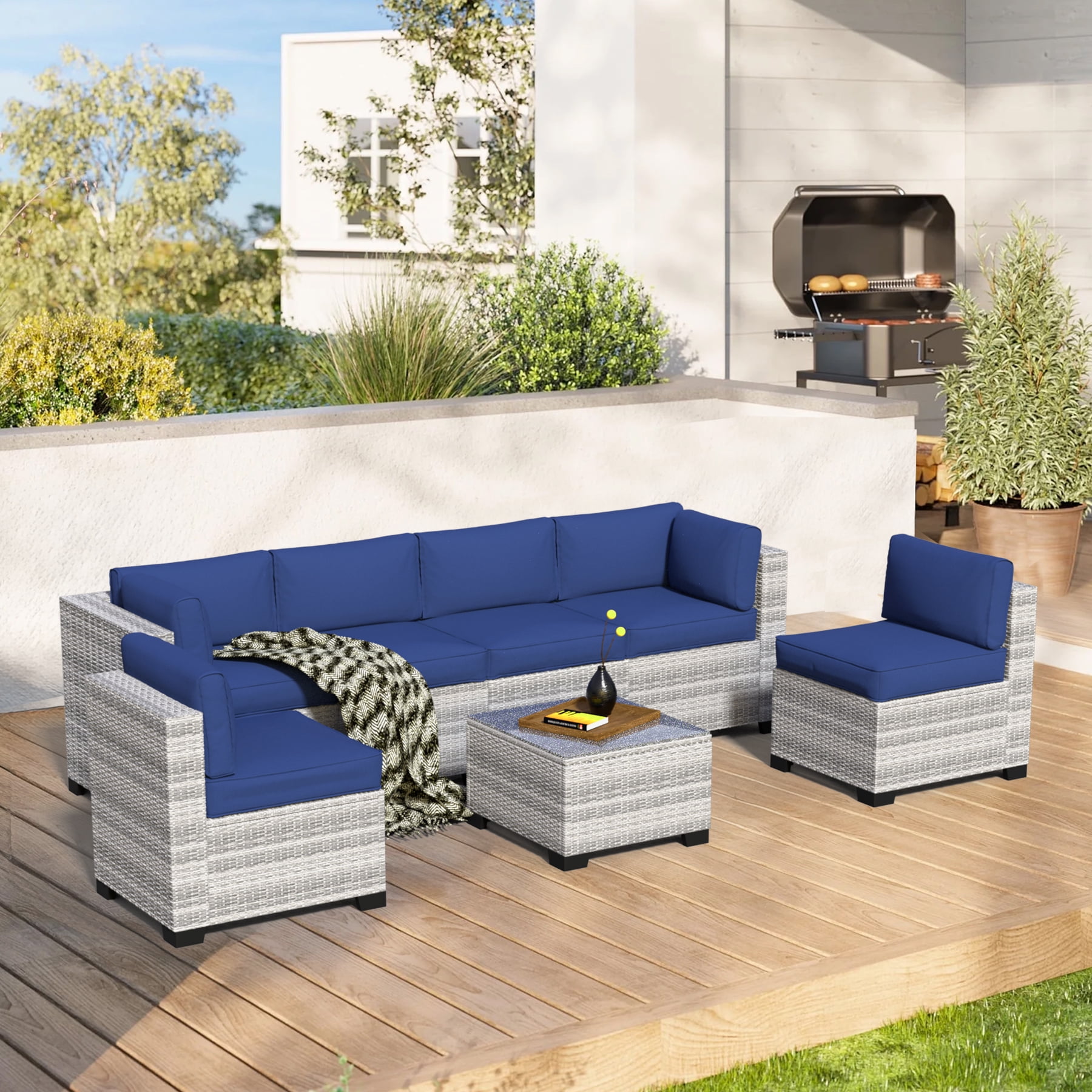 7-Piece Outdoor Patio Furniture Set, All-Weather Rattan Sectional Sofa with Waterproof Cushions & Tempered Glass Table, Perfect for Garden, Poolside, Backyard (Navy Blue)