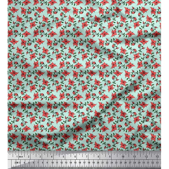 Soimoi Green Cotton Voile Fabric Leaves & Bunchberry Floral Print Fabric by the Yard 58 Inch Wide