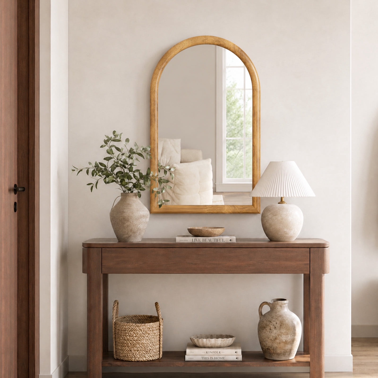 Easy4Home 36" x 24" Arched Bathroom Mirror Wall Decor with Wooden Frame, Natural Wood