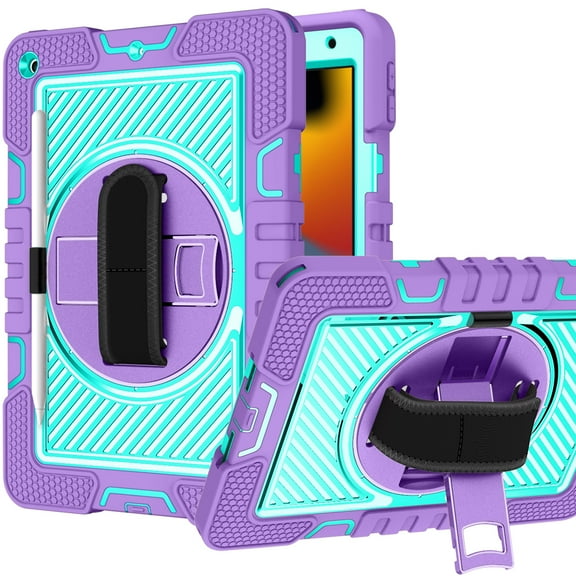 For Apple iPad (A16) 2025 /iPad 10th Gen 10.9 Hybrid 3in1 Multi-Functional Shockproof Tablet Case with Hand, Shoulder Strap, Pencil & Stand Holder Case Cover [Purple Teal]