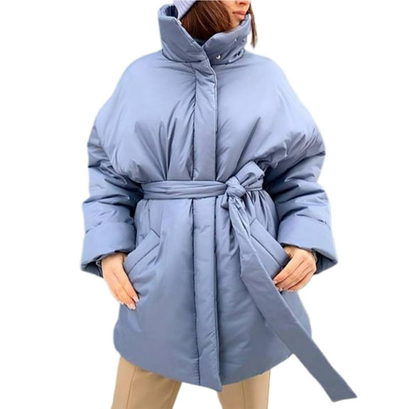 comerut Women Winter Coat Cardigan Solid Color with Belt Stand Collar Thick Keep Warm Tight Waist Casual Pockets Winter Coat for Outdoor