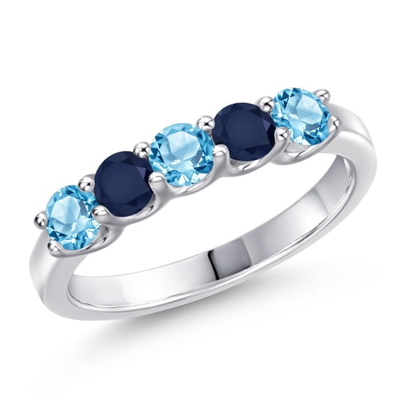 Gem Stone King 925 Sterling Silver Swiss Blue Topaz and Blue Sapphire Wedding-Bands Ring for Women | 1.04 Cttw | Round 3.5MM | Gemstone November Birthstone | Size 5