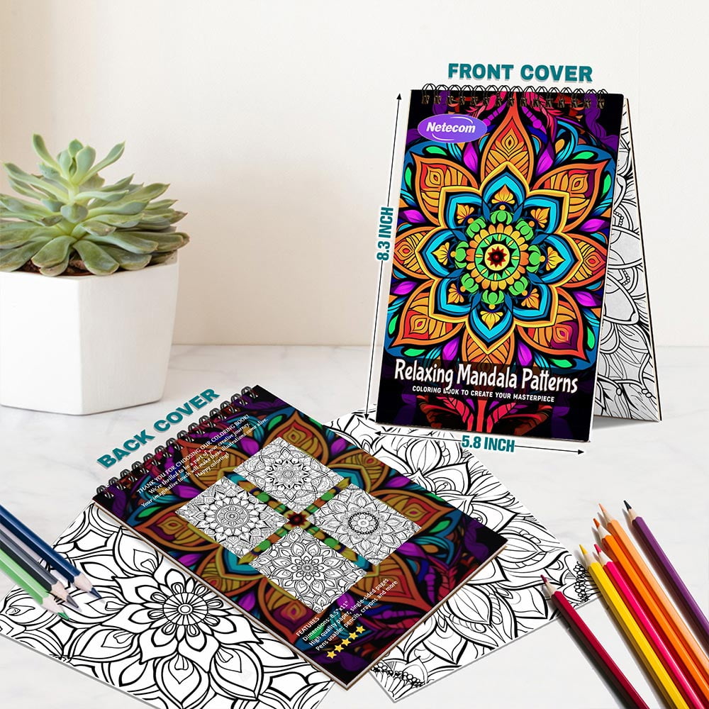 Netecom Relaxing Mandala Patterns Coloring Book Spiral Bound For Adults, A5 Wooden Cover, 30 Beautiful Coloring Pages of Floral Mandalas for Stress Relief and Relaxation