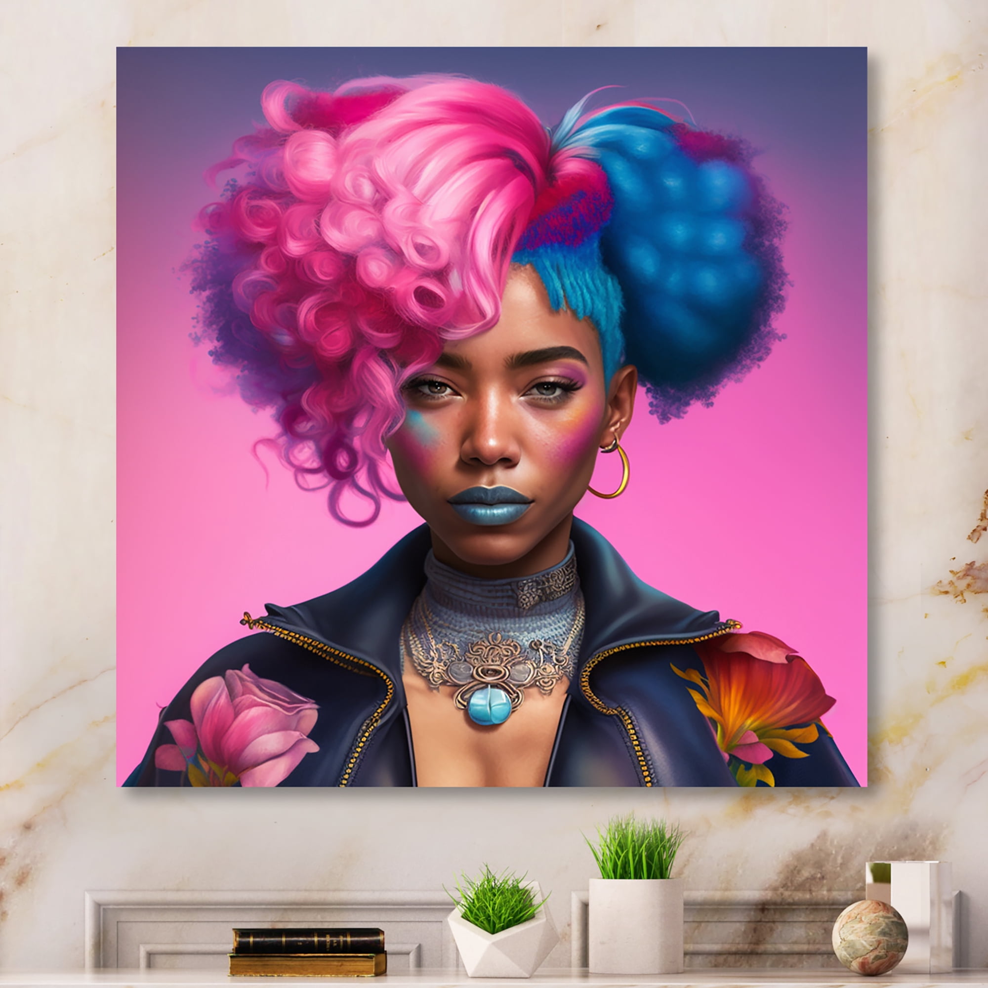Designart Pink And Blue African American Woman III Canvas Wall Art