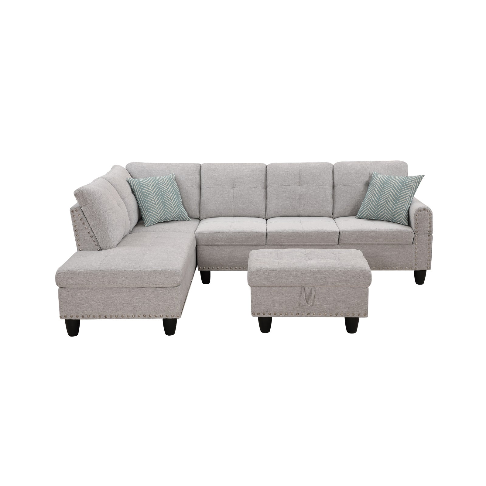 Hommoo L-Shaped Upholstered Sectional Sofa Couch with Storage & Cup Holders, Linen Living Room Sofa Set, With Ottoman, Light Gray