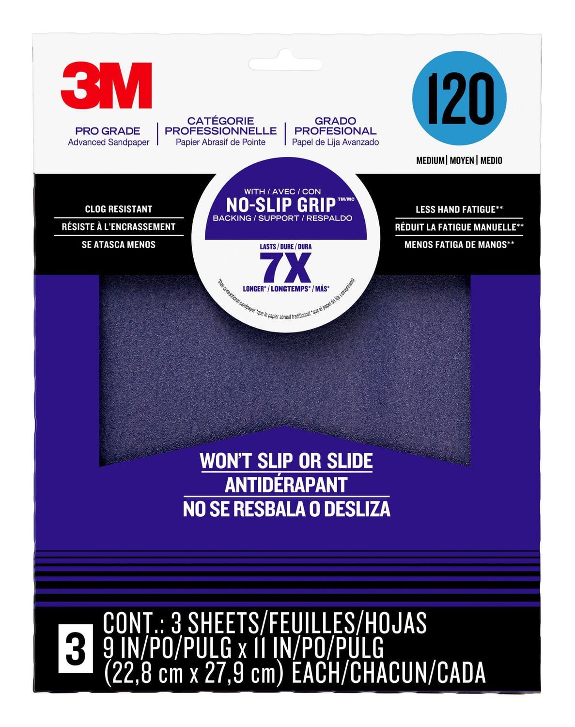 3M Pro Grade No-Slip Grip Advanced Sandpaper – 9 X 11 Inches, 220 Grit, 100 Sheets Per Case, Clog Resistant