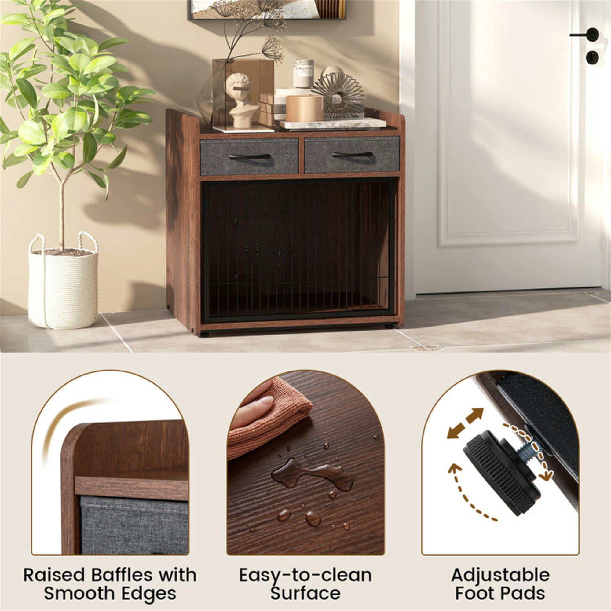 Pefilos 25" Dog Crate Furniture, Indoor Dog Kennel with 2 Fabric Drawers, Decorative Pet Cage Dog House, Brown