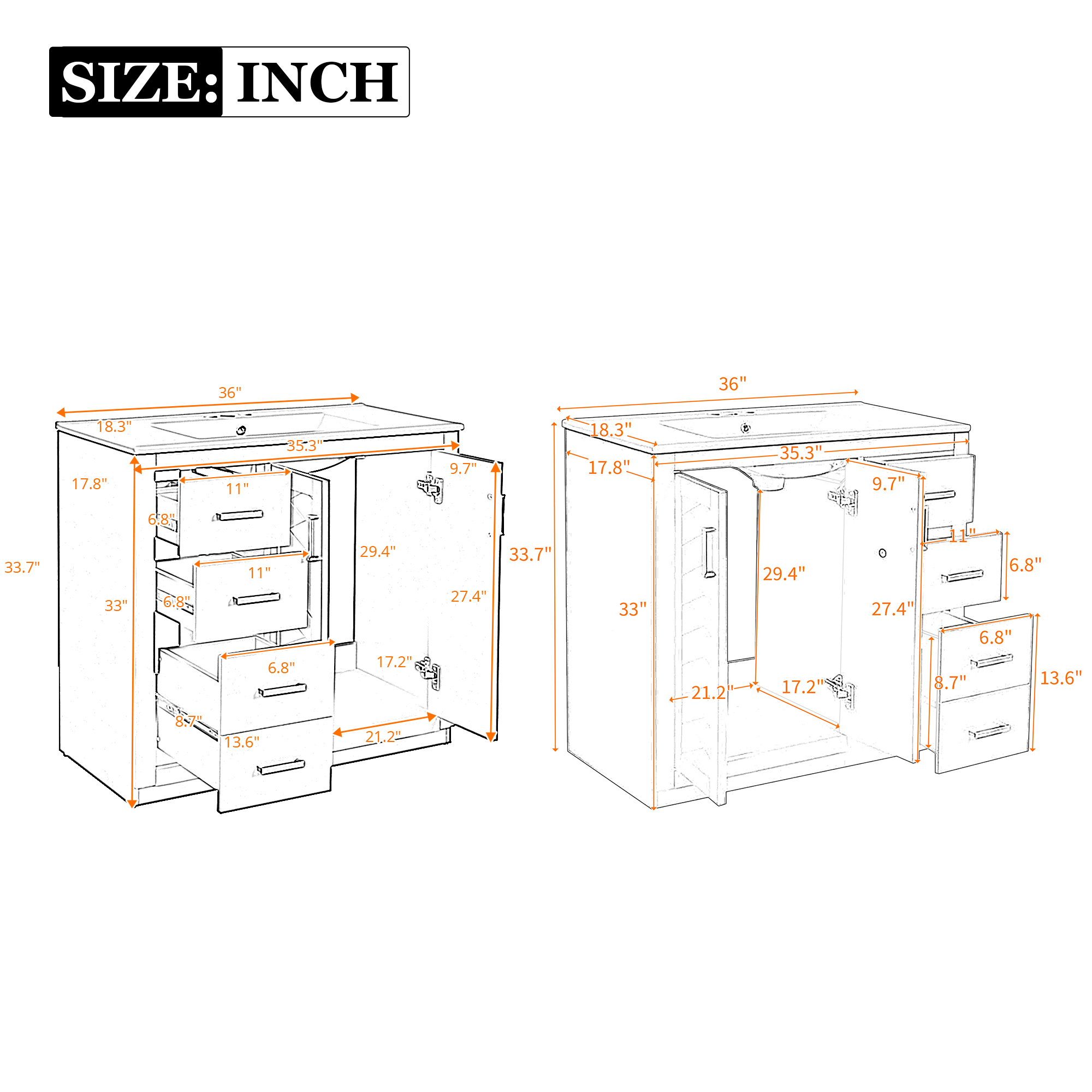 Euroco 72'' Bathroom Vanity with Ceramic Sink (Separate), Solid Wood Frame Bathroom Storage Cabinet, Freestanding Vanity Set with Drawers& Soft Closing Doors