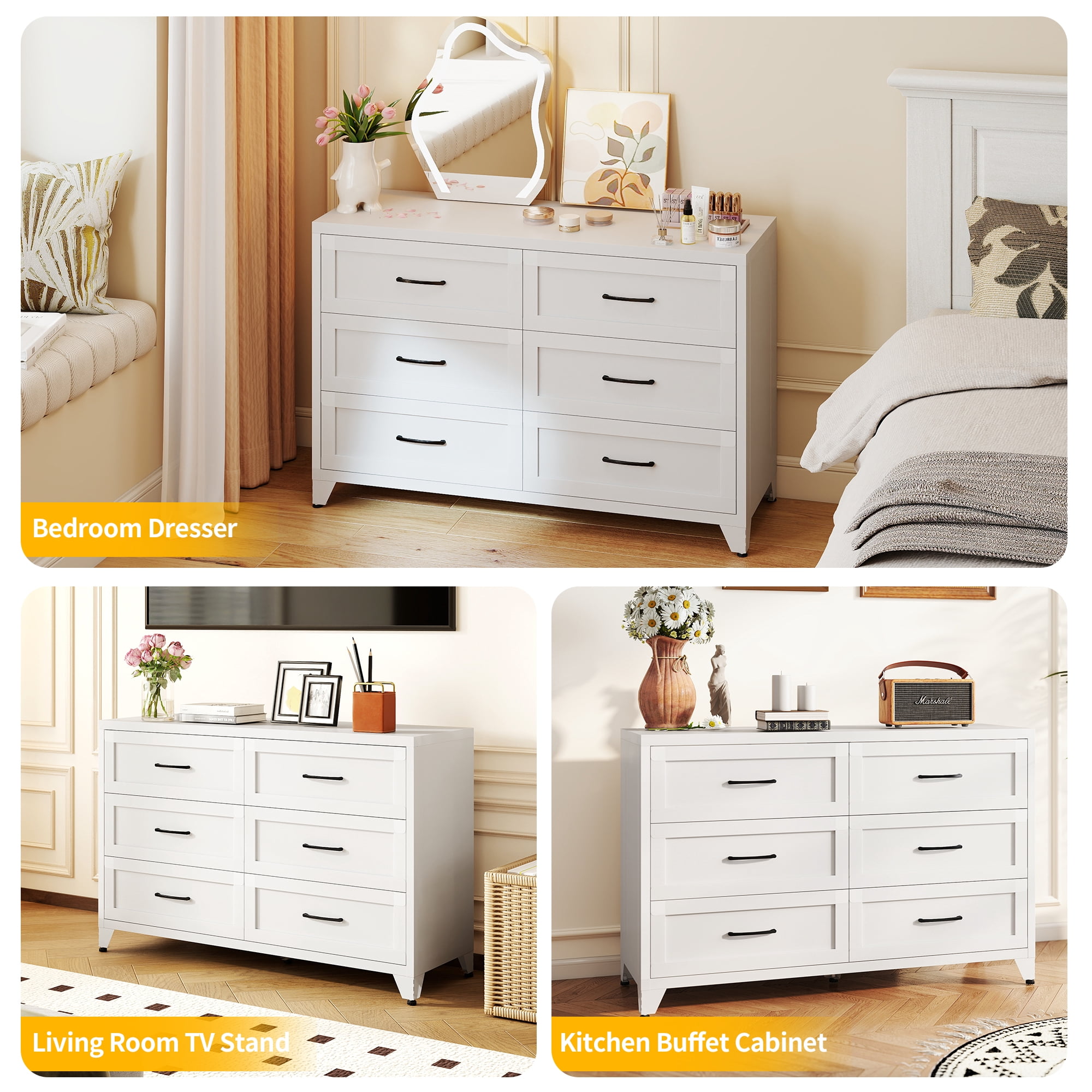 ShiKeyi 6 Drawer Dresser for Bedroom, Modern Metal Wide Storage Chest with Metal Handles and Legs, White