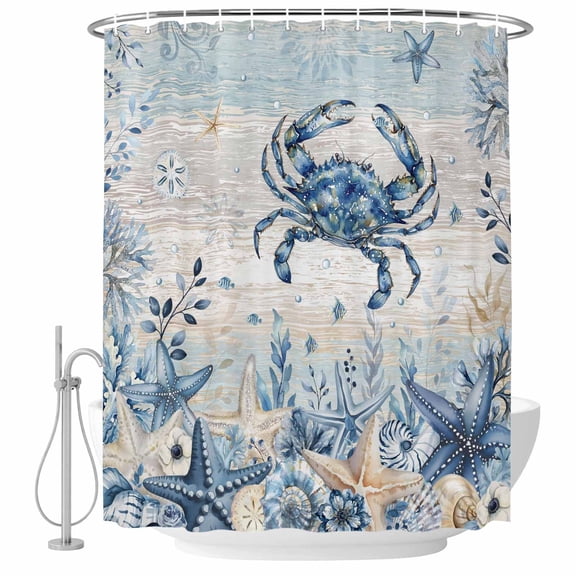 66x72 Inch Shower Curtains for Bathroom, Blue Crab Coastal Fabric Bath Curtain Decor, Beach Starfish Nautical Coral Vintage Waterproof Restroom Curtains Shower Set Accessories with 12 Hooks 66 Inch