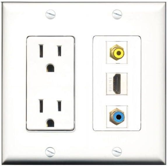 RiteAV - 15 Amp Power Outlet 1 Port HDMI 1 Port RCA Yellow 1 Port RCA Blue Decorative Wall Plate