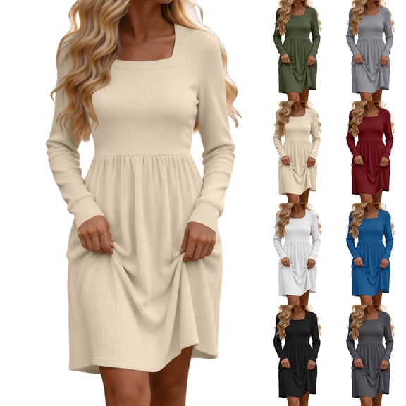 Women Solid Square Neck Long Sleeve Ribbed Knit Dress Casual Fitted High Waist Midi Dress Autumn Winter White XL(XL)