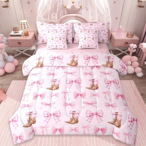 Erosebridal Cartoon Pink Bow 7-Piece Twin Bedding Sets For Bowtie Girl,Bowknot Bedding Comforter Set For Cowgirl,Reversible
