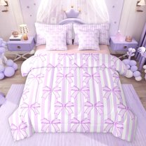 jejeloiu Kawaii Ribbon Bow 7 Pieces Bedding Comforter Set,Purple Bowtie Lines Full Bedding Set For Girl Kids Reversible