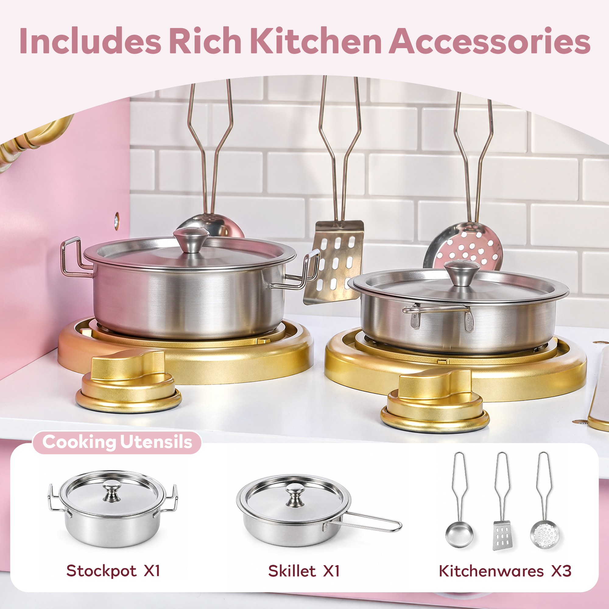 AILEEKISS Wooden Kids Play Kitchen Set - Gold Pink photo 8