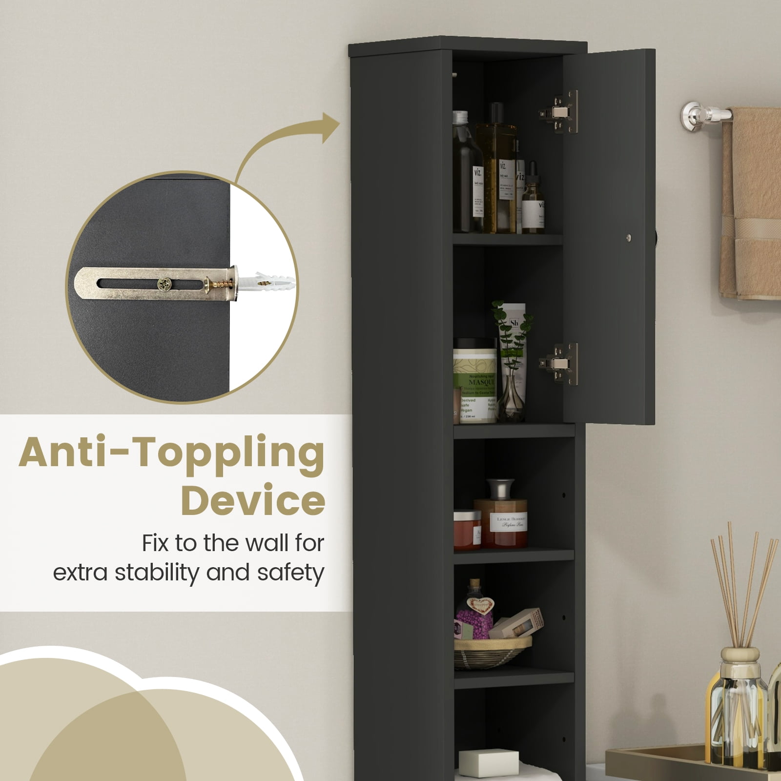 Gymax Tall Slim Bathroom Storage Cabinet Linen Tower w/Drawer Adjustable Shelves Gray