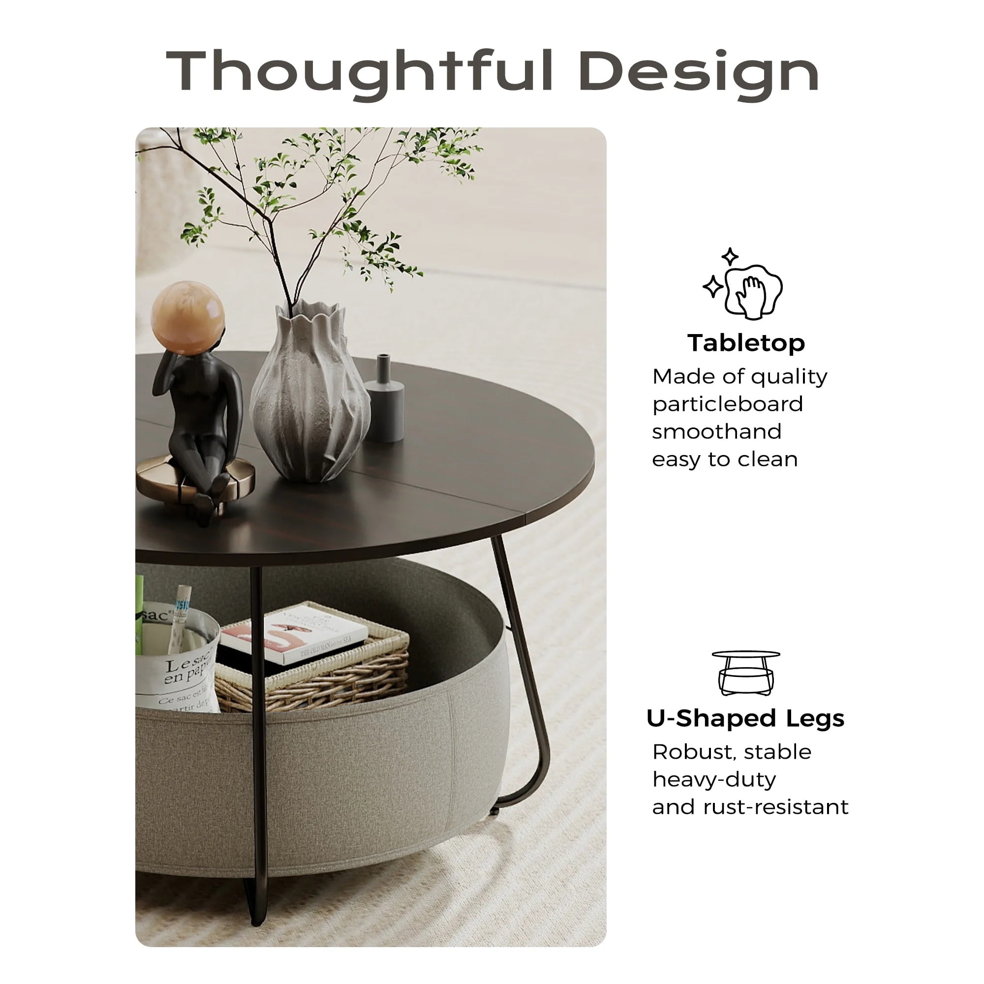 Manora Round Basket Coffee Table, Small Center Table for Living Room Home Office, Black & Brown