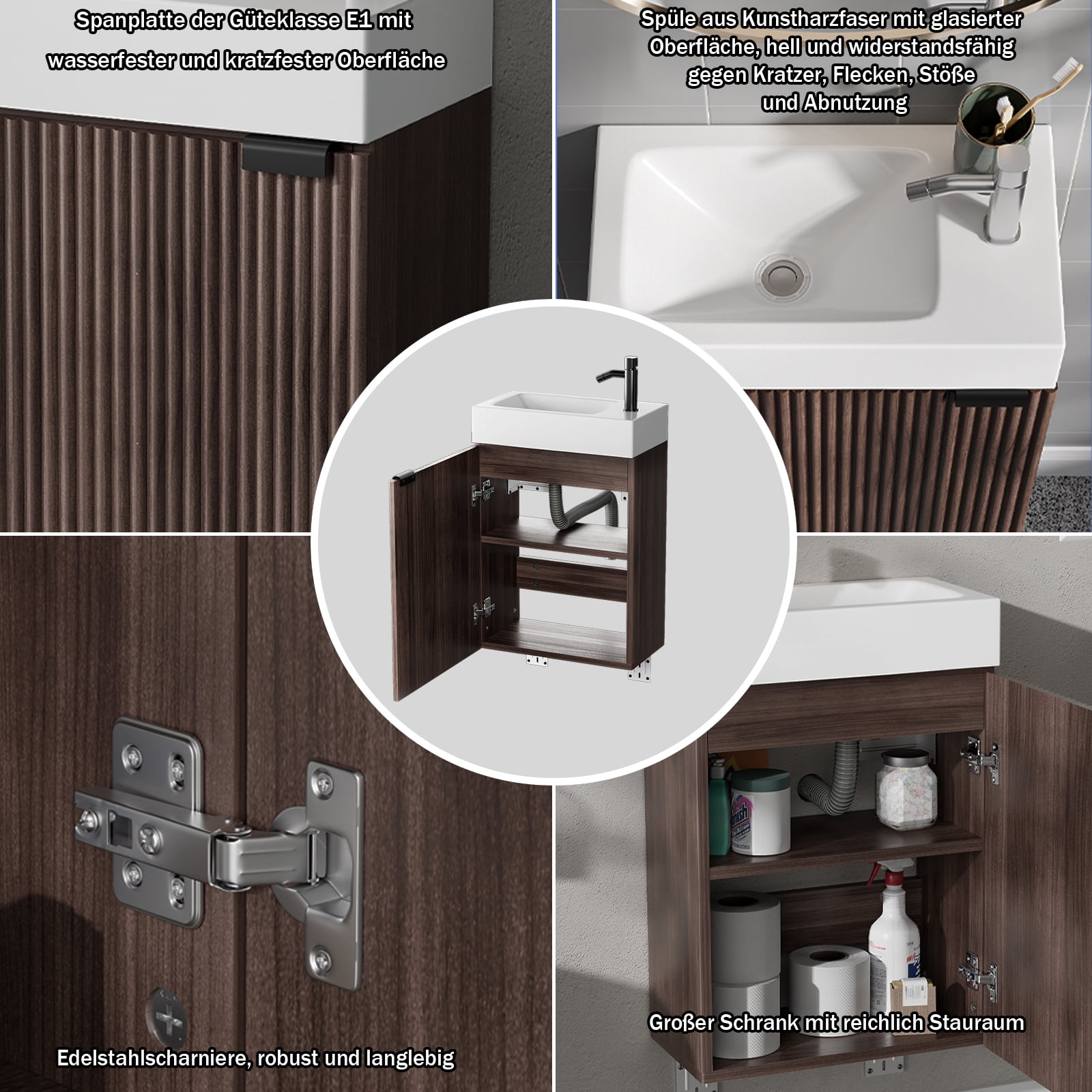 16" Bathroom Vanity with Sink & Cabinet, Soft-Closing Doors, Adjustable Shelf, Wall-Mounted Wooden Storage Vanity with Drain Assembly, Space-Saving for Small Toilet/Bathroom