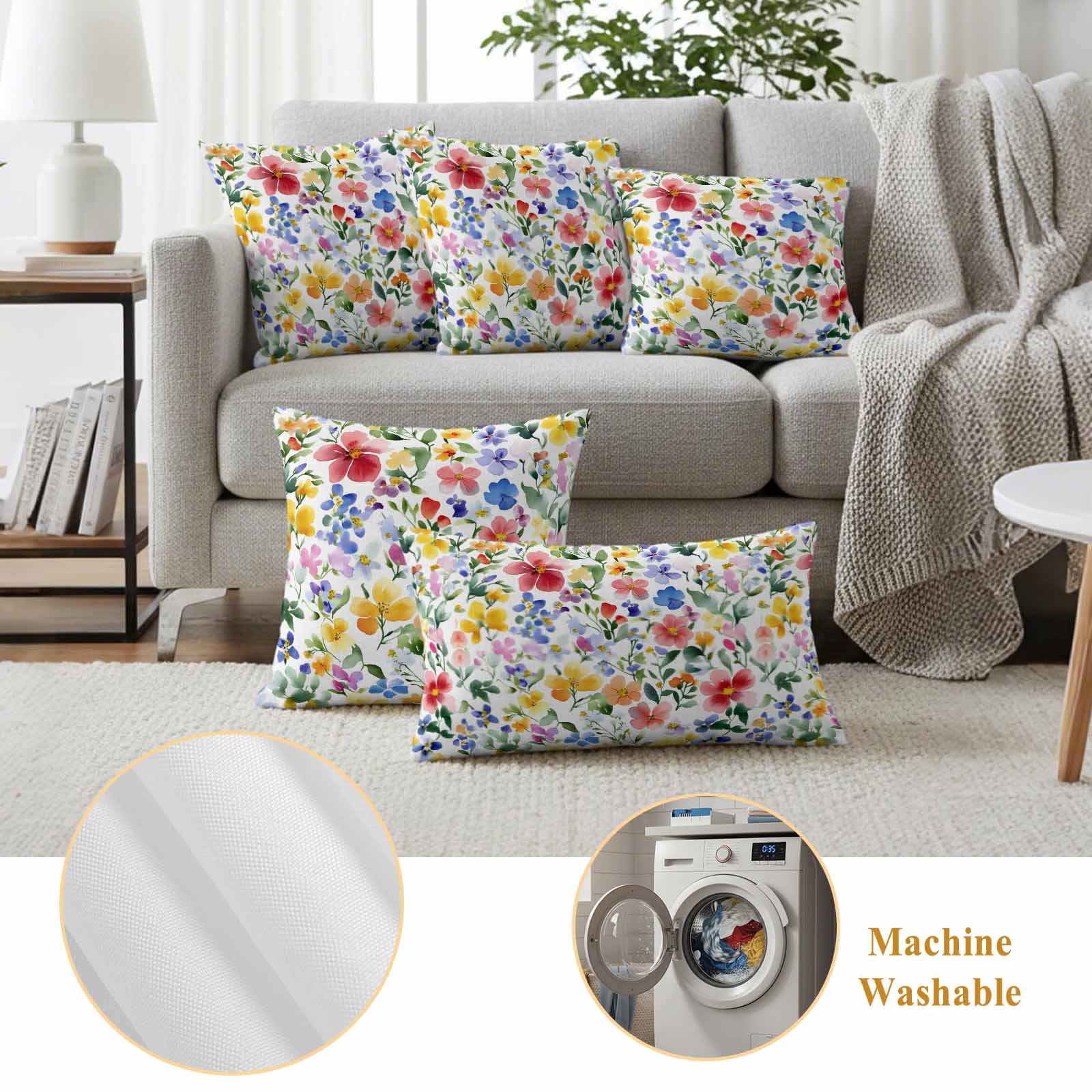 Spring Floral Pillow Covers 2 Pack Gradient Blue Pink Yellow Flower Romantic Farmhouse Pillowcase Waterproof Outdoor Throw Pillow Cover for Patio Balcony Rectangular Cushion 20”x12”