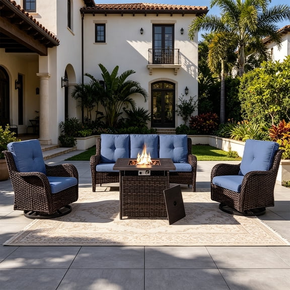 POCASSY 4PCS Patio Furniture Set with Fire Pit Table, Brown Wicker Weather-Resistant Outdoor Conversation Set with Sofa, Swivel Patio Chair and 50000BTU Propane Fire Pit Ideal for Porch Deck in Blue